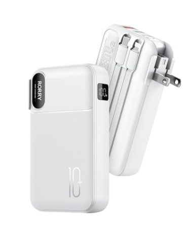 RORRY Portable Charger Built in Cables, AC Wall Plug In Portable Charger Power Bank 10000mAh Travel Battery Pack 22.5W Fast Charging for iPhone 17/16/15 Samsung Galaxy S24/S23/S22 Pixel LG iPad, White