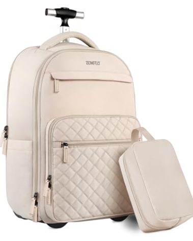ZOMFELT Rolling Backpack for Women, Travel Backpack with Wheels, 17 Inch Laptop Backpack with Toiletry Bag, Carry on Luggage Wheeled Backpack for Travel Trip Business Beige