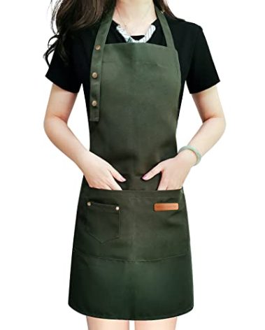 LOYGLIF Apron for Men Women with Adjustable Straps and Large Pockets, Canvas Cotton Cooking Kitchen Chef Bib Aprons Waterproof Green