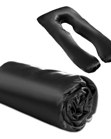 BALAPET Silky Satin Pregnancy Pillow Cover (ONLY Pillowcase), U Shaped Luxurious Smooth Maternity Pillow Cover, Soft & Breathable Large Pillow Protector with Hidden Zip for Side Sleeper, Black