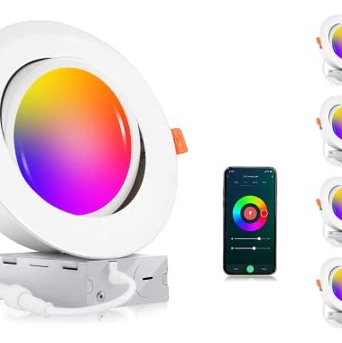 CLOUDY BAY [4 Pack] 6 inch Gimbal Smart WiFi LED Recessed Lights,RGBCW Color Changing,Compatible with Alexa and Google Home Assistant,No Hub Required,15W 2700K-6500K, IC Rated