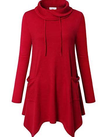 Bulotus Red Tunic Tops for Women, Long Sleeve Cowl Neck Sweatshirts Dressy and Casual Ladies Tunics to Wear with Leggings,Red,Medium