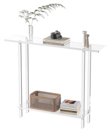 CRTERICX Acrylic Narrow Console Table for Entryway, 7.6" D x 39.4" W x 31.5" H, Square Legs, Skinny Entry Table for Sofa, Foyer, Hallway, Living Room, Modern, 2-Tier, Clear