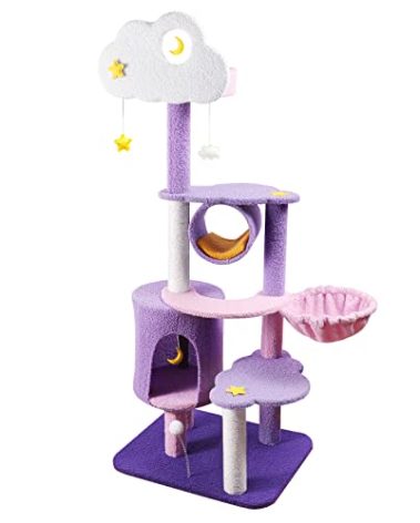 Lucky Monet 59 Inches Cat Tree for Indoor Cats, Multi-Level Cat Tower for Large Cats Cute Purple Pink Cat Tree Unique Cat Condo with Scratching Post Hammock Condo Pompom Ball Toy