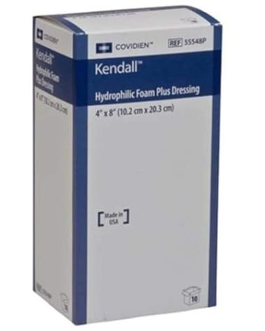 Covidien 55548P Kendall Plus Wound Dressing, Hydrophilic Foam, 4" x 8" Size (Pack of 10)