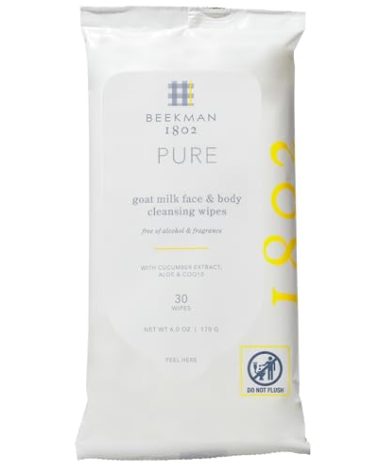 Beekman 1802 Face & Body Wipes - Fragrance Free, 30 Count, Cleanses Dirt & Makeup, With Goat Milk, Aloe & Vitamin E