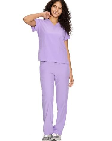COZYFIT Scrubs for Women Set Medical Uniform - V-Neck Top & Straight Leg Pants with 9 Pockets, Unisex Workwear COZY SCRUBS, Light Purple, XL