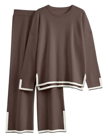 LILLUSORY Women Fall 2 Piece Lounge Set Outfits Sweatsuits Long Sleeve Sweater Tops Wide Leg Pants 2025 Nutmeg S