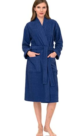 TowelSelections Womens Robe Cotton Kimono Bathrobe for Women Knee Length Terry Cloth Towel Robes for Women Medium-Large Princess Blue