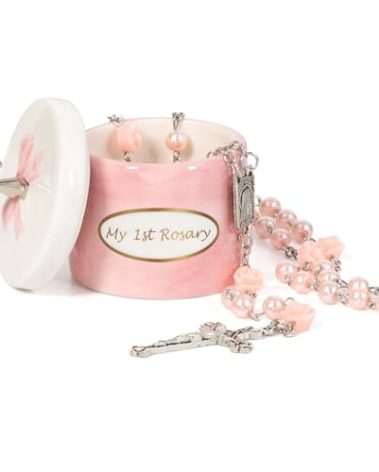 Baptism Gifts for Girl My First Pink Rosary Keepsake Box – Catholic Pink Rosary Box for Kids, Christening Baptism Decor for Kids, First Communion Keepsake Set from Godmother, Baby Girl Dedication Gift