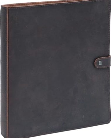Fan&Ran Leather 3 Ring Binder, 1" Round Rings for 8.5"x11" Paper and Sheet Protectors, Interior Pockets & Snap Closure, Letter Size, Vintage Brown