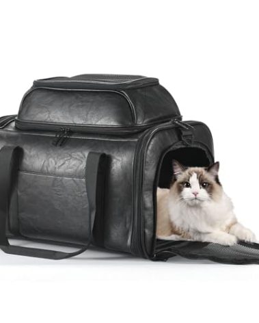 Bosnanller Premium Leather Top Expandable Pet Carrier for Small Dogs & Cats Under 15 lbs, Airline Approved Collapsible Soft-Sided Luxury Travel Bag Black