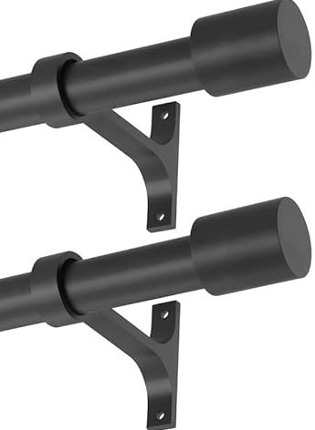 2 Pack Matte Black Curtain Rods for Window 36-72", Decorative Curtain Rods with Cap Finials, Adjustable 1-Inch Thicken Single Curtain Rods Telescoping Drapery Rods