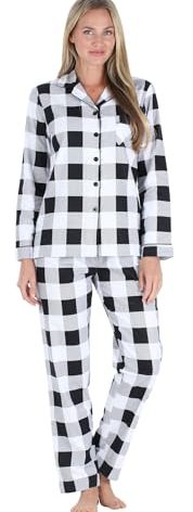 PajamaMania Women's Cotton Flannel Long Sleeve Button-Down Pajamas PJ Set, Black White Plaid, Medium