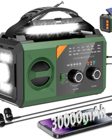 30000mAh Emergency Weather Radio with Wireless Speaker, 111000mWh NOAA/AM/FM Hand Crank Solar Radio with Flashlight Cell, Phone Charger, Compass, Reading Lamp, SOS Alarm