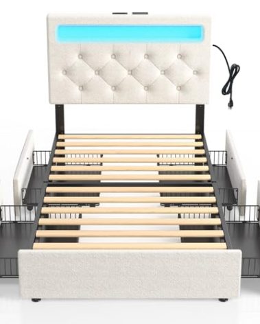 Rolanstar Twin Bed Frame with 4 Storage Drawers and Charging Station,Twin Bed with Led Lights, 2 USB & 1 Type C, Adjustable Headboard 38.9/40.8 Inches, No Box Spring Needed, White