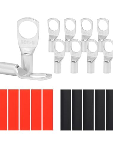 10PCS 10 Gauge Wire Connectors with Heat Shrink Tubing, Battery Terminal Ends, Tinned Copper Ring Terminals for AWG 12-10 - for Automotive, RV, Solar & Outdoor Power Equipment (SC6-8)