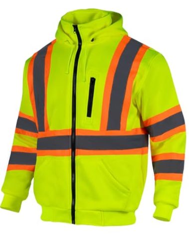 Drizomo High Visibility Safety Fleece Hoodie for Men ANSI Class 3 Reflective Sweatshirt Construction Jacket with Detachable Hood(Yellow,2XL)