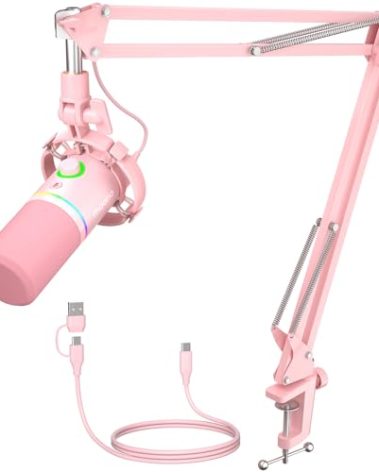 MAONO XLR/USB Dynamic Microphone Kit, RGB Gaming Mic with Software, Mute, Gain Knob, Volume Control, Boom Arm for Streaming, Podcasting, Voice-Over, Recording-PD200XS Pink