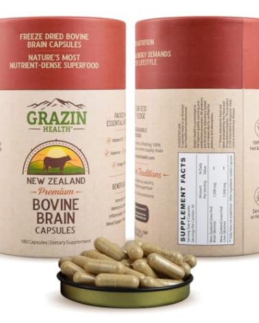 GRAZIN HEALTH Beef Brain Capsules | Freeze-Dried Bovine Brain & Organ Blend from Grass-Fed Cattle | Non-GMO, Hormone-Free Supplement | 1500mg Brain + 1500mg Liver Blend per Serving | 30 Servings