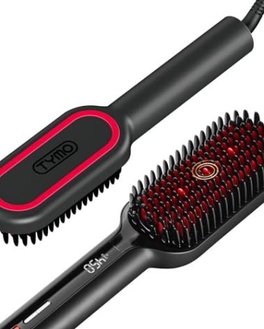 TYMO Hair Straightener Brush - Upgraded Ionic Plus Straightening Brush with Dense Bristles, 16 Temps, Dual Voltage | Ceramic Hot Comb for Women | Flat Iron for Thick Curly Hair, Black