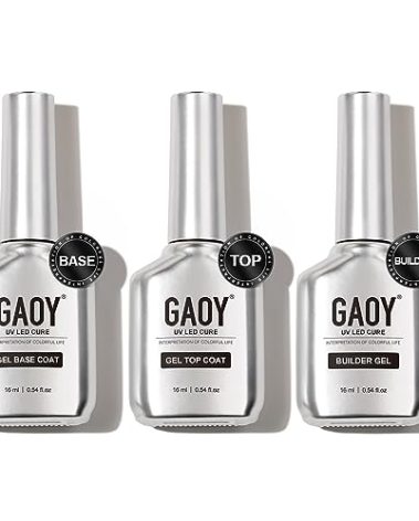 GAOY Gel Top Coat, Builder Gel and Base Coat Set, 3 Pcs 16ml Clear Glossy No Wipe Combination for UV Light Cure
