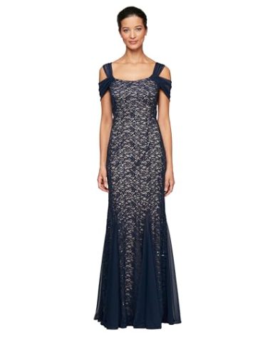 Alex Evenings Women's Long Cold Shoulder, Mother of The Bride Gown, Formal Event, Wedding Guest Dress, (Petite and Regular Sizes), Navy/Nude Lace, 12