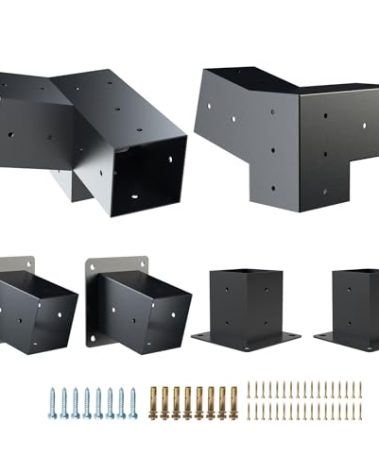 Kinchoix Pergola Brackets, 2 Pack Woodworks Pergola Kit 15° 3-Way Right Angle Corner Bracket with Post Base for 4x4'' (Actual: 3.5x3.5'') Wood Beams Elevated Wood Stand Kit 6 Pc