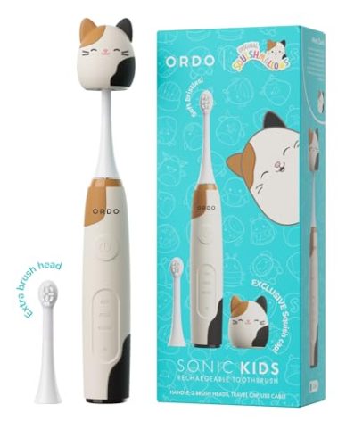 ORDO Squishmallows Electric Toothbrush, Sonic Toothbrushes for Kids, Rechargeable, 3 Brushing Modes, Over 5 Weeks Battery Life Extra Brush Head Included, Gift for Kids Aged 4 Years and Up, Cam