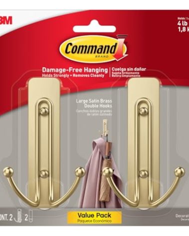 Command Large Satin Brass Double Hooks, 2 Coat Hooks and 2 Strips, Damage-Free Hanging with Adhesive, Great for Hanging Christmas Decorations, Holds up to 4 lb