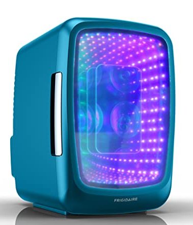 Frigidaire Gaming Light Up Mini Beverage Refrigerator, 6 can, 4 liters, Cooler with large see through door and LED lights Perfect for Gaming Experience, Home, Office, or Cars.12V Charger (Blue)