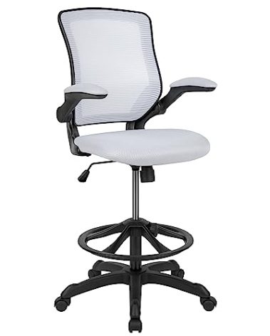 Flash Furniture Kale Mid-Back White Mesh Ergonomic Drafting Chair | Adjustable Foot Ring, Flip-Up Arms