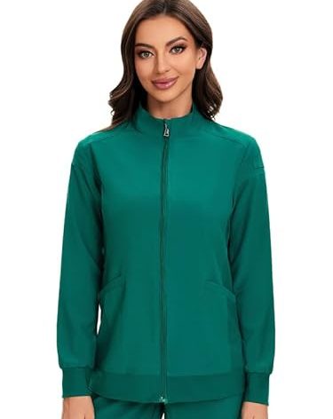 COZYFIT Scrub Jackets for Woman, Zip Front Nurse Jacket, 4-Way Stretch Fabric - Hunter Green, M