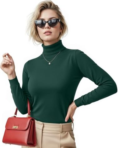 NY Threads Women's Turtleneck Long Sleeve Shirt Slim Fit Thermal Base Layer Tops 1 Pack, Large, Green