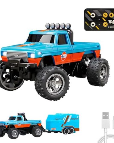 Edottbag Mini RC Truck with Trailer, Mini RC Off-Road Vehicle, 2.4GHz All-Terrain Remote Control Car, 1:64 Scale Alloy, Speed/Steering Adjustable (with Trailer Blue+Orange)