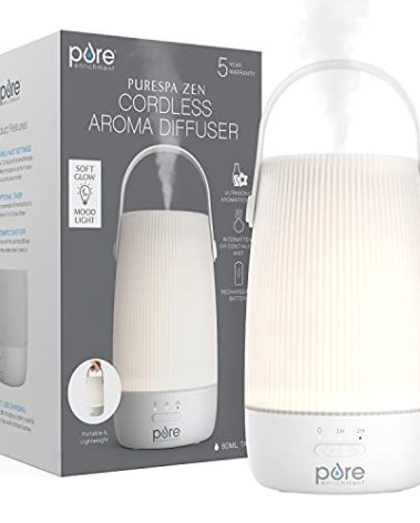 Pure Enrichment PureSpa Zen Cordless Essential Oil Diffuser & Light - Portable Travel-Friendly Aroma Diffuser Lasts 7.5 Hrs, Optional Mood Light, 2 Mist Settings, Optional Timer, & Auto Shut-Off