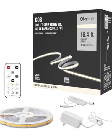 Olaholii 16.4ft COB Led Strip Light with Remote, 4000K Ra93+ Dimmable Bright Led COB Strip Light, White Continuous Led Strip Light for Mirror, Stair, Cabinet, Room