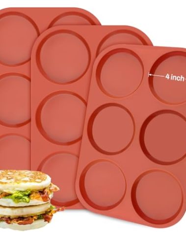 Ocmoiy 4 Inch Silicone Egg Mold for Breakfast Sandwiches, 3 Pack Non-Stick Silicone Jumbo Muffin Top/Hamburger Bun Pan Eggs Bites Molds for Oven Baking Egg Patty, Pancake, Frittata