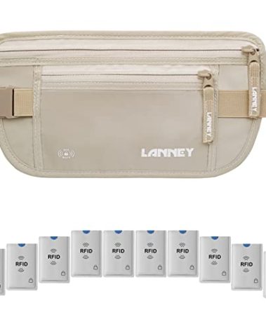 Travel Money Belt for Men Women RFID Blocking Concealed Waist Wallet Pouch Hidden Under Clothes Passport Holder Antitheft Waist Stash Bag for Travelling, Bonus 10 Credit Card Sleeves, Cream