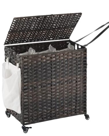 Laundry Hamper with Wheels, 39.6 Gallon(150L) Rolling Laundry Basket with Lid, 3-Section Rattan Clothes Hamper with 3 Removable Liner & 3 Mesh Bags, Laundry Sorter with Side Pocket, Brown