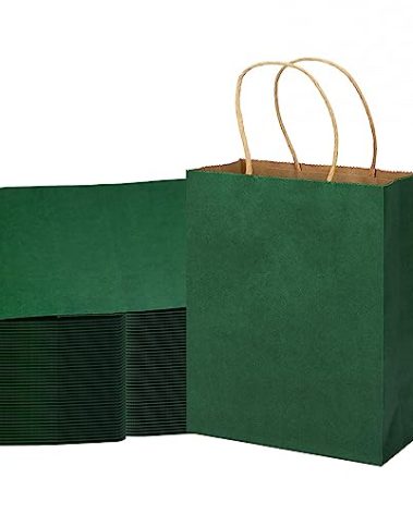 MOZRRO Gift Bags, 100 Pack 10.5x8.5x4.5 Inch, Paper Bags with Handles, Medium Size, Forest Green Gift Bag for Birthday, Wedding, Bulk, Party, Lunch, Goodie