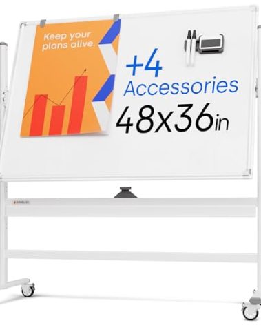 Rolling Dry Erase Board 48 x 36 - Large Portable Magnetic Whiteboard with Stand - Double Sided Easel Style Whiteboard with Wheels - Mobile Standing White Board for Office, Classroom & Home