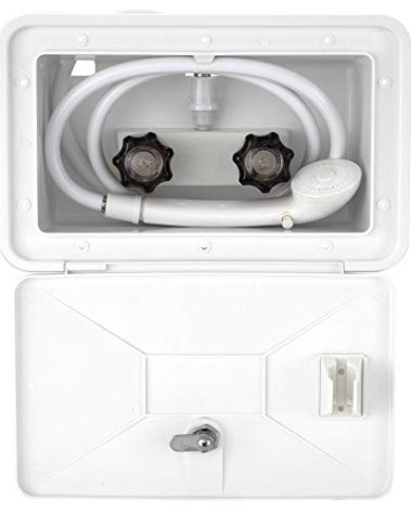 RecPro RV Exterior Shower Box Kit | Locking Cowboy Shower with 51” Vinyl Hose, 2.5 GPM Showerhead | UV-Resistant, Rust-Free, Easy Install | Camper, Trailer, Motorhome Outdoor Faucet (White)