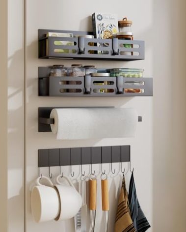 SETBAOO 4 Pack Magnetic Spice Rack for Refrigerator with 4-Hook Rack and Paper Towel Holder, Black Magnetic Shelf and Fridge Kitchen Cabinet Organizers Storage Seasoning Organization Mini Shelves.