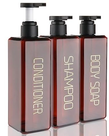 Shampoo and Conditioner Dispenser Shower Soap Bottles 3 Pack 550ml/18.6oz Refillable Shampoo Pump Bottle Dispenser Plastic Empty Body Wash Dispensers with Stylish Permanent Labels for Bathroom (Brown)