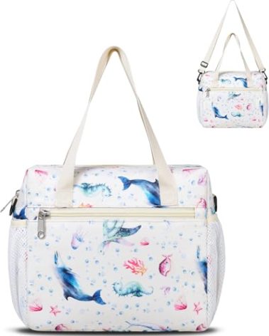 FOKDUVB Bingo Bag for Daubers Dabbers Dobbers Dotters Water Resistant Bingo Accessories Bag with Pockets for Adults Seniors (Light Beige/Blue)