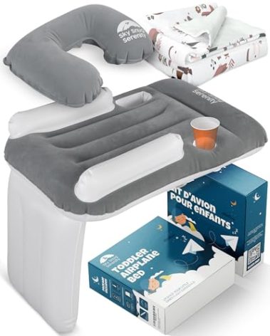 Sittina Toddler Airplane Bed - Inflatable Airplane Bed for Kids with Blanket & Neck Pillow Included - Fits All Seats, with Cup Holder - Comfortable and Durable - Easy to Inflate Deflate and Clean