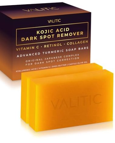 VALITIC Kojic Acid Dark Spot Remover Soap Bars with Vitamin C, Retinol, Collagen, Turmeric - Original Japanese Complex Infused with Hyaluronic Acid, Vitamin E, Shea Butter, Castile Olive Oil (2 Pack)