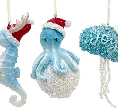 Coastal Christmas Ornaments - Seahorse, Jellyfish, Octopus Holiday Beach Tree Decorations, Set of 3