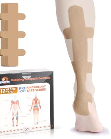 Kinesiology Tape for Achilles Tendon, KTQUICK 12 Count Achilles Tendon Tape Precut, Original Cotton Waterproof&Breathable, Enhance Elastic Kinesiology Athletic Tape for Achilles&Muscle Support(Beige)